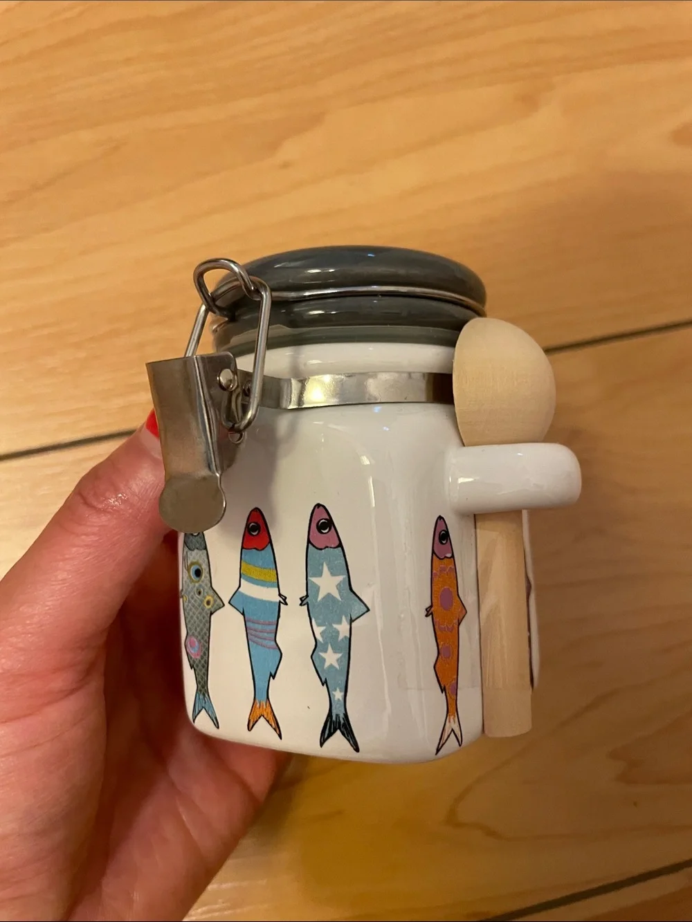 White Ceramic Fish Treat Jar with Colorful Fish Design